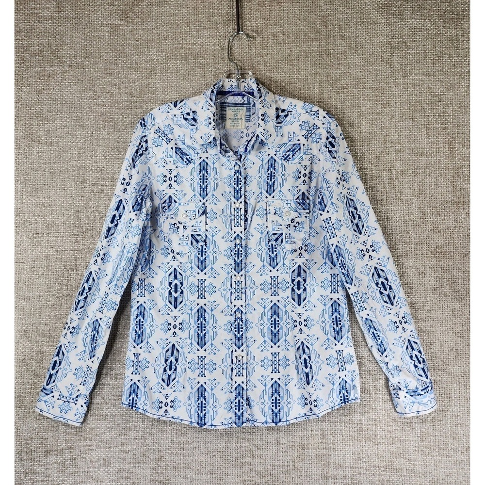 Panhandle Rough Stock Western Shirt Mens S Blue Print Pearl Snap Cotton EUC
